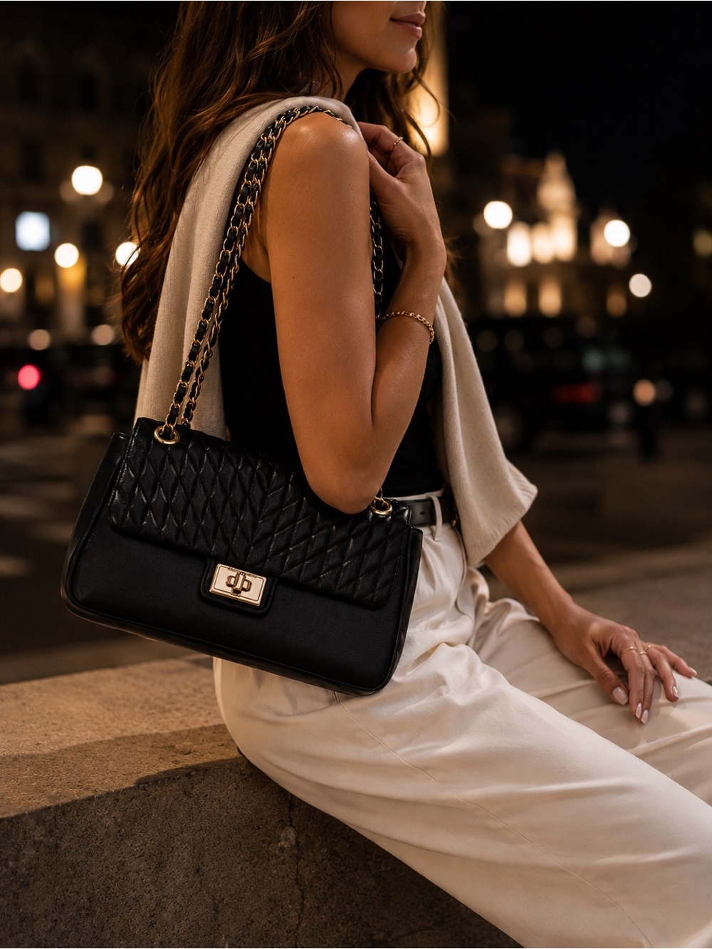 Karl Lagerfeld Paris Quilted Chain Shoulder Bag Black Leather NWT Luxe Classic